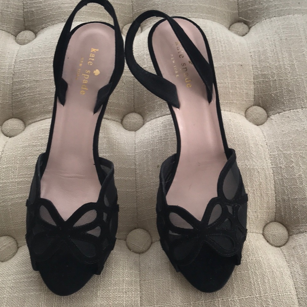 Slingback, Kate Spade, black lace kitten heels